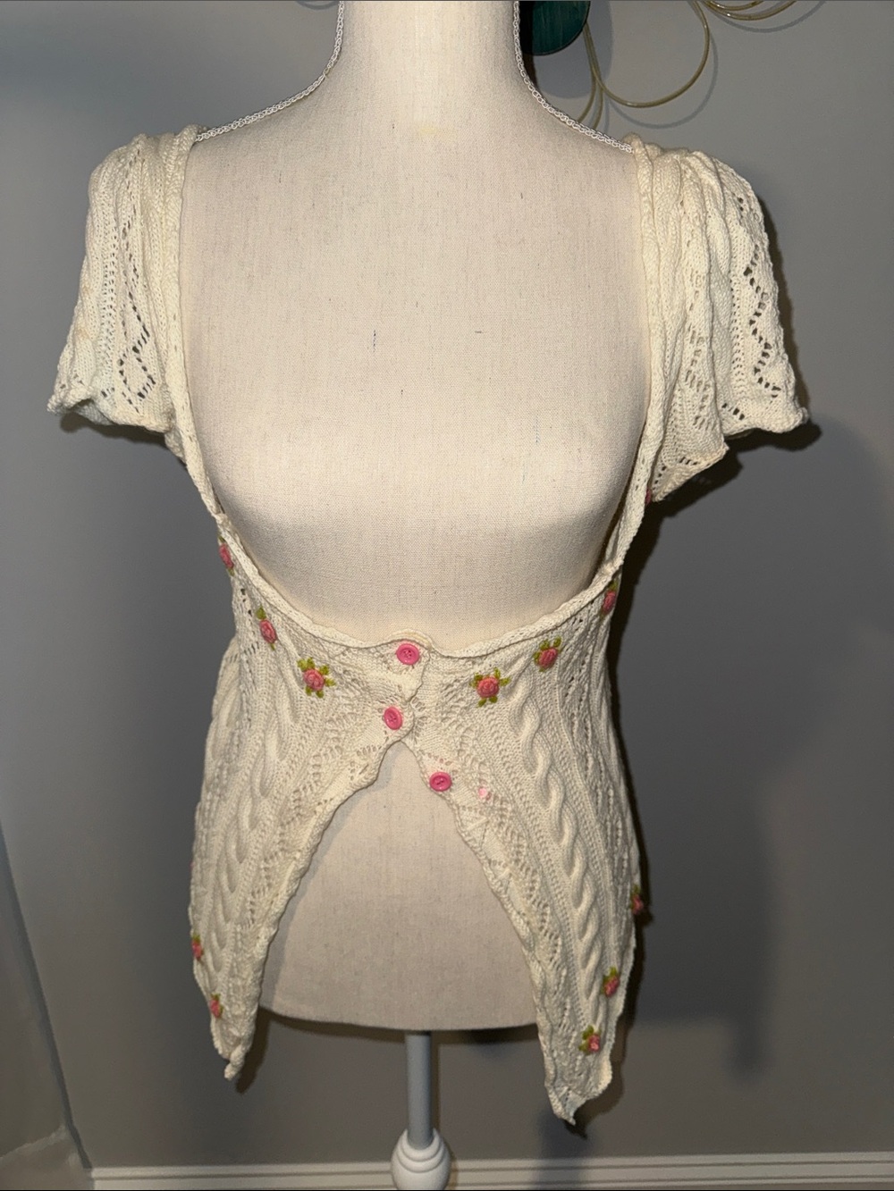 Urban Outfitters Cream Cable Knit Short Sleeve Cardigan with Pink Floral Buttons